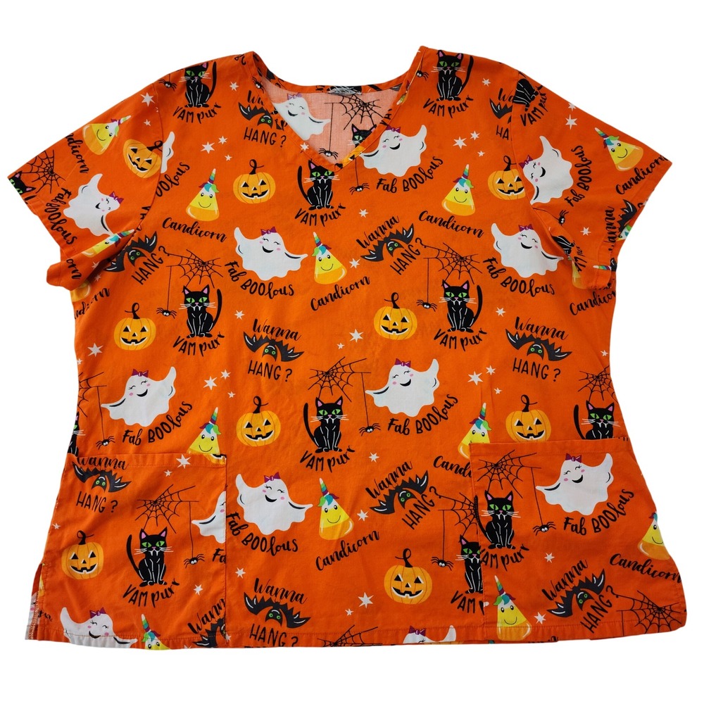 Halloween Scrub Top Orange Ghost Cat Pumpkin V-Neck Medical Uniform XL